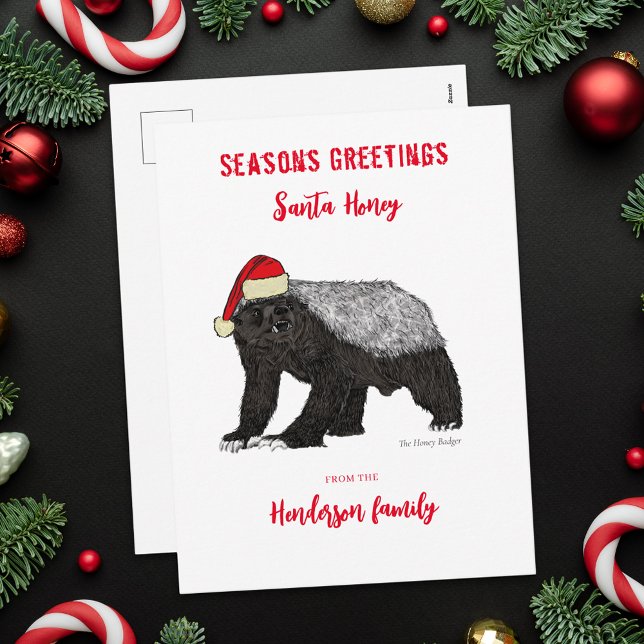 Cartão Postal De Festividades Papais noeis Engraçados Personalizados (Personalized funny honey Badger Santa family name holiday greetings flat card badass christmas anima)