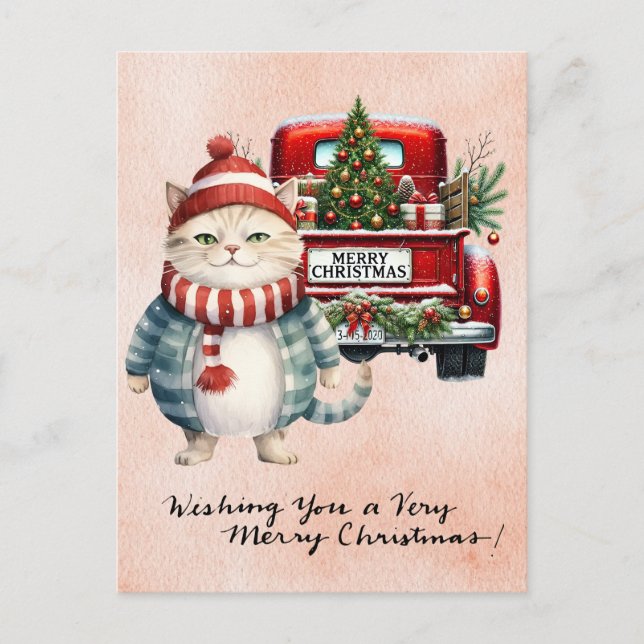 Cartão Postal De Festividades Papais noeis Gato com Árvore de Natal para Gatos (Frente)