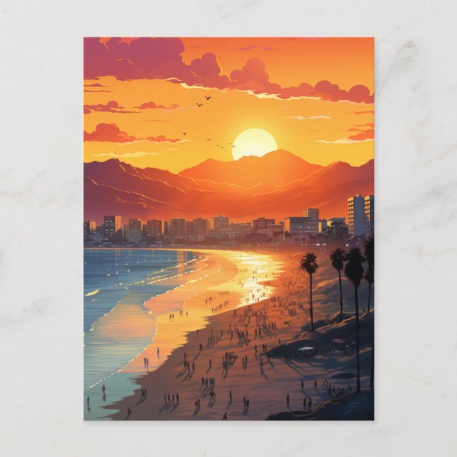 Cartão Postal De Festividades Papais noeis Monica Beach Sunset com Palm Trees (Frente)
