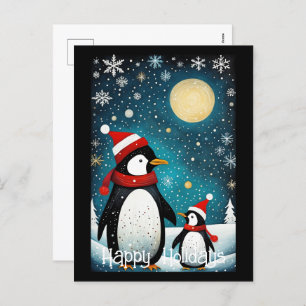 Cartão Postal De Festividades Papais noeis Pinguim de inverno de Lua Cheia Snowy