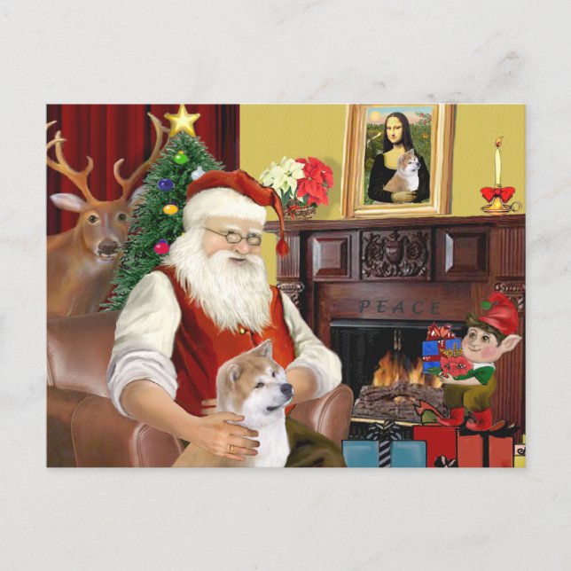 Cartão Postal De Festividades Papais noeis Shiba Inu (olhando para cima) (Frente)