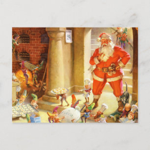 Cartão Postal De Festividades Papais noeis Supervisionam Elfos Fazendo Cookies d