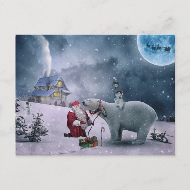 Cartão Postal De Festividades Papais noeis, urso polar, trenó, renas, Natal (Frente)