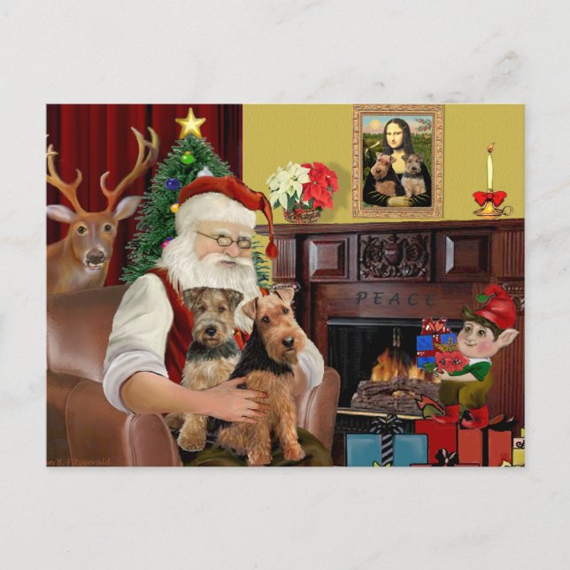 Cartão Postal De Festividades Papais noeis Welsh Terriers (TWO) (Frente)