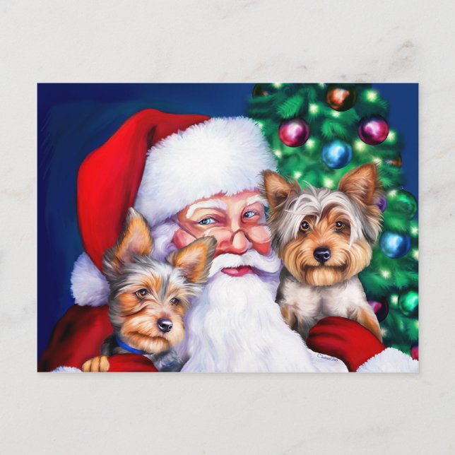 Cartão Postal De Festividades Papais noeis Yorkies no Natal (Frente)