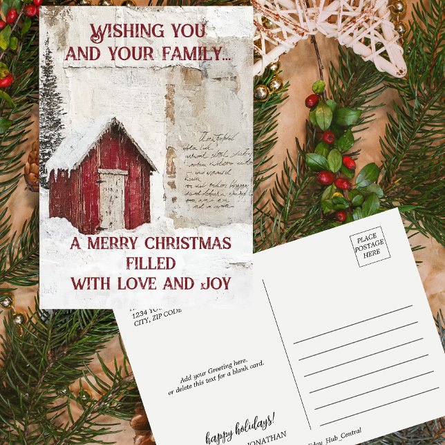 Cartão Postal De Festividades Papéis de Natal do Red Barn (Winter Nordic Barn Christmas papers Holiday Postcard)