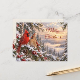 Cartão Postal De Festividades Par de Cardinals do Norte no Natal Floresta Nevada