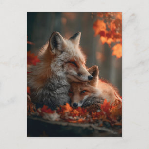 Cartão Postal De Festividades Par de Raposas Vermelhas Enternecedoras em Folhas