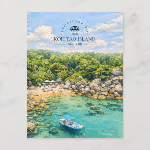Cartão Postal De Festividades PARAÍSO TROPICAL ILHA KOH TAO   Aquarela