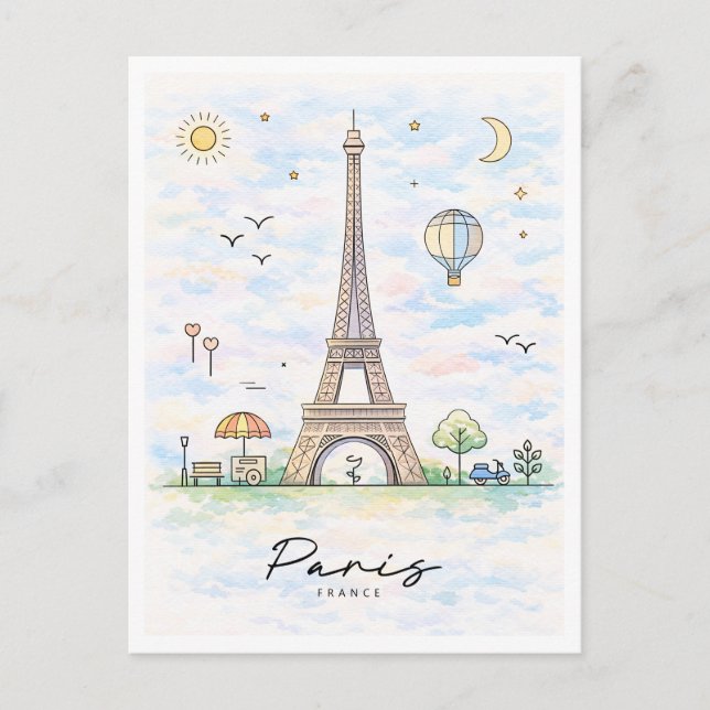Cartão Postal De Festividades Paris Eiffel Tower Watercolor | France (Frente)