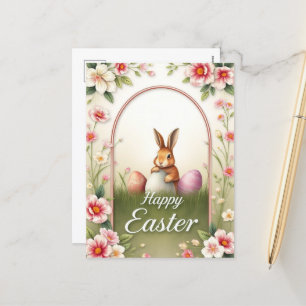 Cartão Postal De Festividades Páscoa Clássica do Coelhinho da Páscoa e Quadro Fl