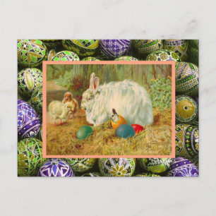 Cartão Postal De Festividades Páscoa, coelhos, pintinhos e ovos do vintage