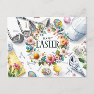 Cartão Postal De Festividades Páscoa de golfe com equipamento de golfe com flor