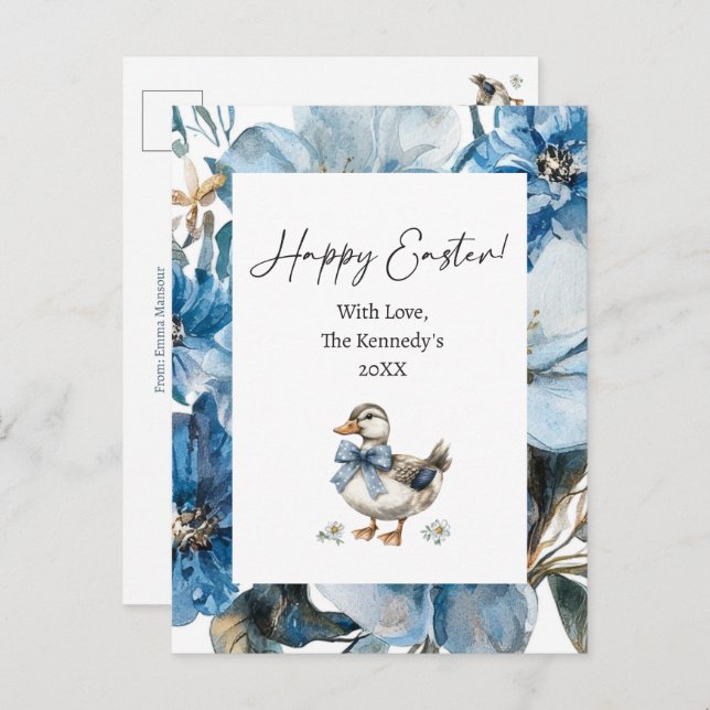 Cartão Postal De Festividades Páscoa de Pato Azul (Frente/Verso)