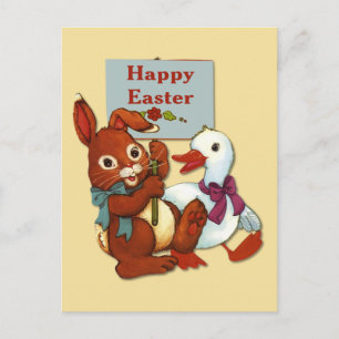 Cartão Postal De Festividades Páscoa de Pato e Coelho