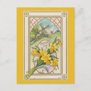 Cartão Postal De Festividades Páscoa de vindima Amarelo Daffodils e Moinhos