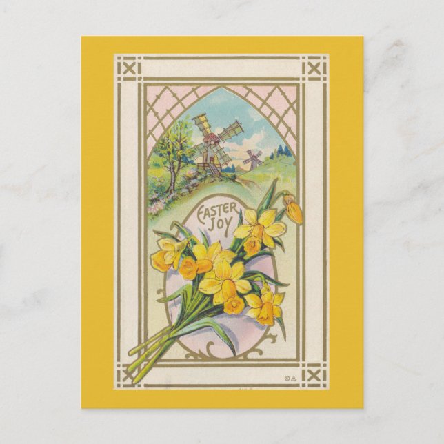 Cartão Postal De Festividades Páscoa de vindima Amarelo Daffodils e Moinhos (Frente)