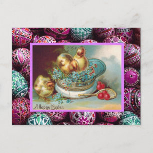 Cartão Postal De Festividades Páscoa do vintage, pintinhos em um chapéu