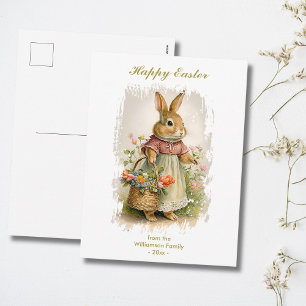Cartão Postal De Festividades Páscoa Feliz Coelho Vintage Florais Texto Personal
