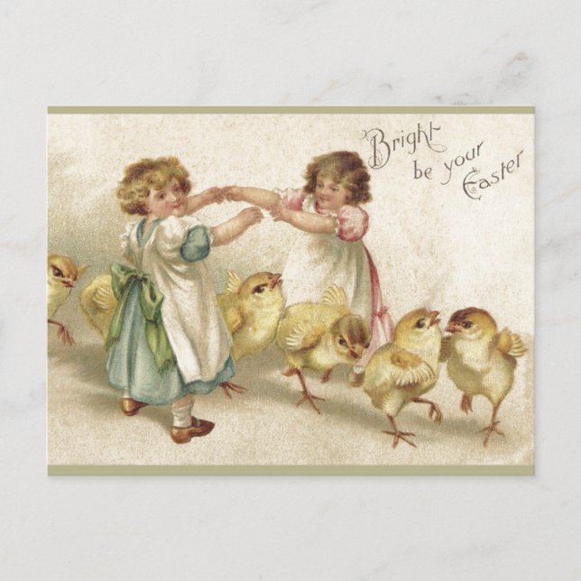 Cartão Postal De Festividades Páscoa - Meninas bonitas com Cartão-Postal Pintinh (Frente)