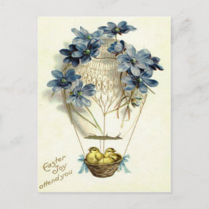 Cartão Postal De Festividades Páscoa Pintinho Ar quente Balão azul