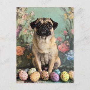 Cartão Postal De Festividades Páscoa pug botânico floral