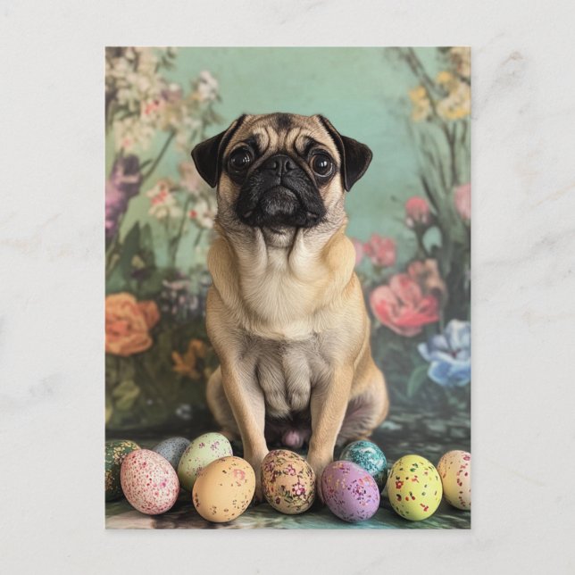 Cartão Postal De Festividades Páscoa pug botânico floral (Frente)