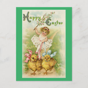 Cartão Postal De Festividades Páscoa Rapariga com Pintinhos