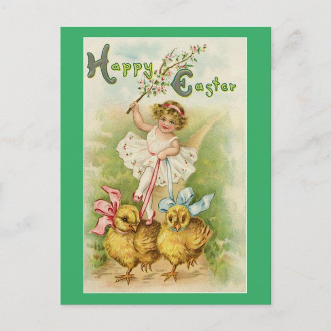 Cartão Postal De Festividades Páscoa Rapariga com Pintinhos (Frente)