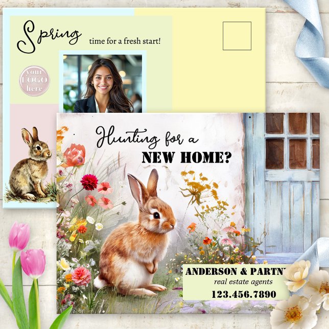 Cartão Postal De Festividades Páscoa Real Estate Business (Artistic real estate Easter postcard featuring a watercolor bunny at the door of a new home)