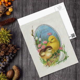 Cartão Postal De Festividades Páscoa Saudações Flores Pintinhos Amarelas