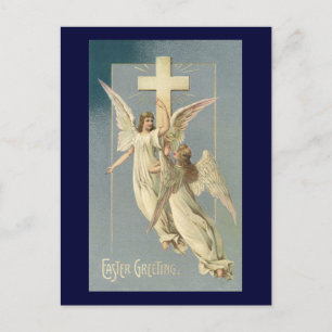 Cartão Postal De Festividades Páscoa Vintage, Anjos Vitorianos com Cruz