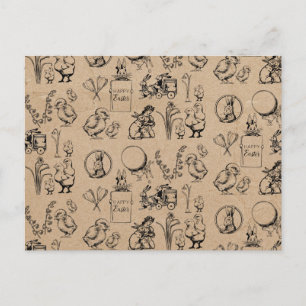 Cartão Postal De Festividades Páscoa Vintage Coelho e Pintinho Kraft Brown Pásco