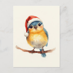 Cartão Postal De Festividades Passarinho Fofo de Chapéu de Papai Noel Natação Na