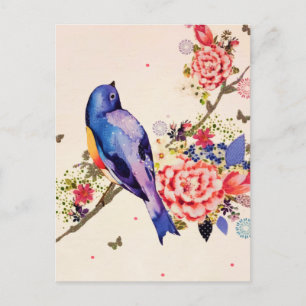 Cartão Postal De Festividades Pássaro Azul Dourado Flor Vermelha Borboleta Brilh