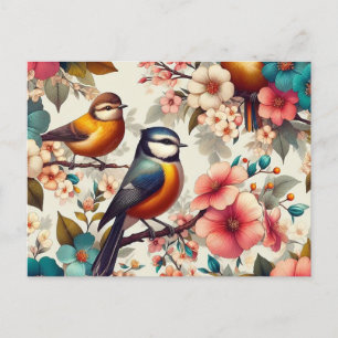 Cartão Postal De Festividades Pássaro bonito com brecha de flor em costura color
