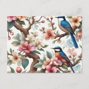 Cartão Postal De Festividades Pássaro bonito com brecha de flor em costura color