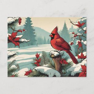 Cartão Postal De Festividades Pássaro Cardinal Vermelho e Frutas Vermelhas Silve
