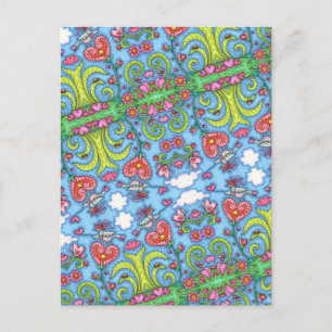 CARTÃO POSTAL DE FESTIVIDADES PÁSSARO DE ARTE DE FOLHAS, NAMORADOS CORAÇÃO JA