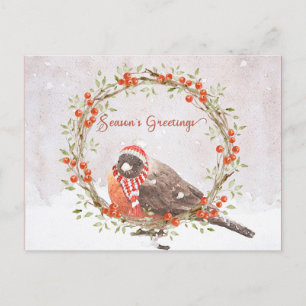 Cartão Postal De Festividades Pássaro de Natal Robin Watercolor Americano Bonit