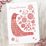 Cartão Postal De Festividades Pássaro escandinavo<br><div class="desc">O estilo de arte popular escandinava,  vermelho e branco,  cartão de Natal festivo. Altere ou remova a saudação na frente e o endereço na parte traseira para personalizar. Arte original de Nic Squirrell.</div>