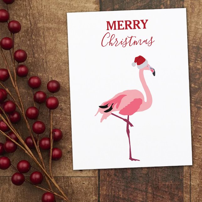 Cartão Postal De Festividades Pássaro Flamingo Rosa de Natal Engraçado com Papai (Criador carregado)