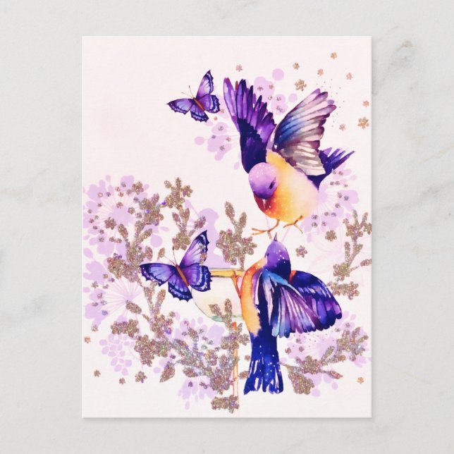 Cartão Postal De Festividades Pássaros Aquarela Floral Glitter Roxo (Frente)