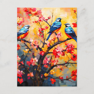 Cartão Postal De Festividades Pássaros Coloridos da Primavera em Flor