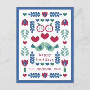 Cartão Postal De Festividades Pássaros de Arte Popular Nórdica e Folhas Felize