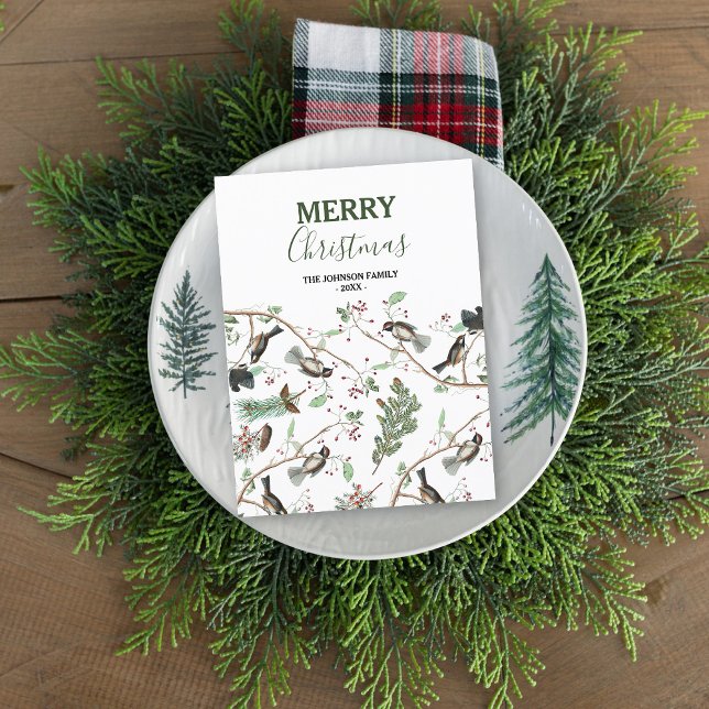 Cartão Postal De Festividades Pássaros-de-frango Berries e Pinecones Natal (Chickadee Birds Berries & Pinecones Christmas Holiday Postcard)