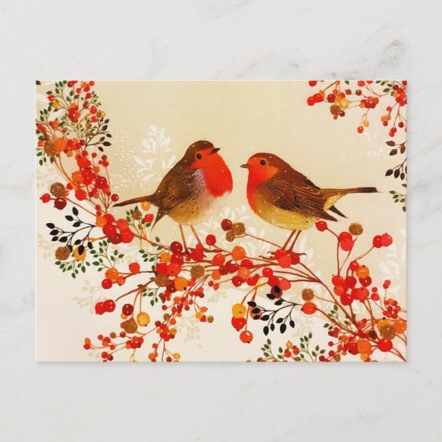Cartão Postal De Festividades Pássaros de Inverno Dourado Vermelho Ramificações  (Frente)
