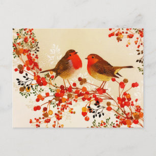 Cartão Postal De Festividades Pássaros de Ouro Vermelho de Inverno Galhos de Aze