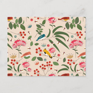 Cartão Postal De Festividades Pássaros Florais De Mão Abelhas Padrão Botânico