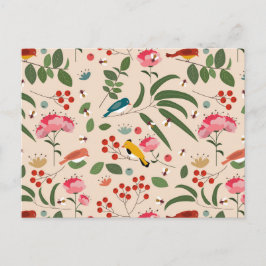 Cartão Postal De Festividades Pássaros Florais De Mão Abelhas Padrão Botânico